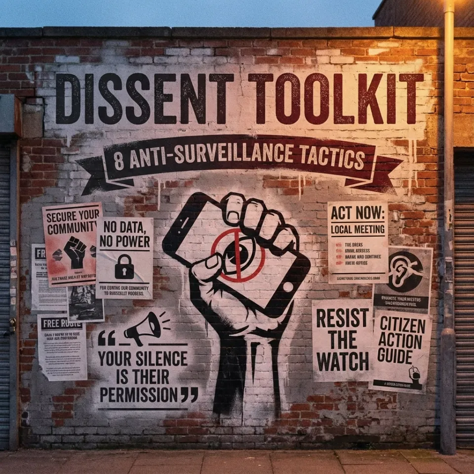 Dissent Toolkit street art mural with raised fist and anti-surveillance protest posters on brick wall